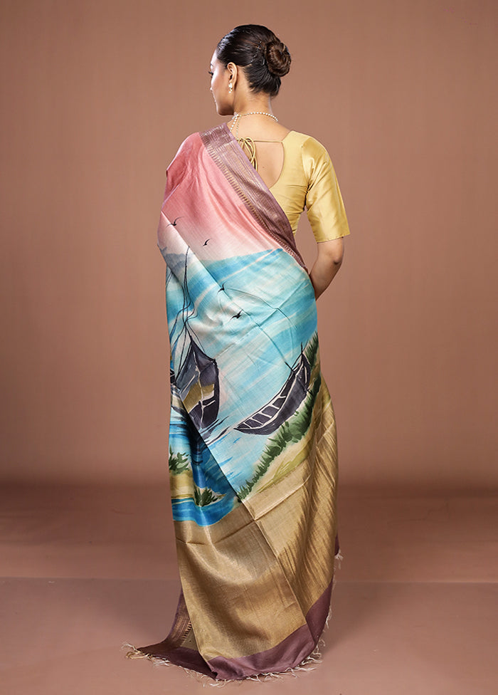 Green Handloom Tussar Pure Silk Saree With Blouse Piece