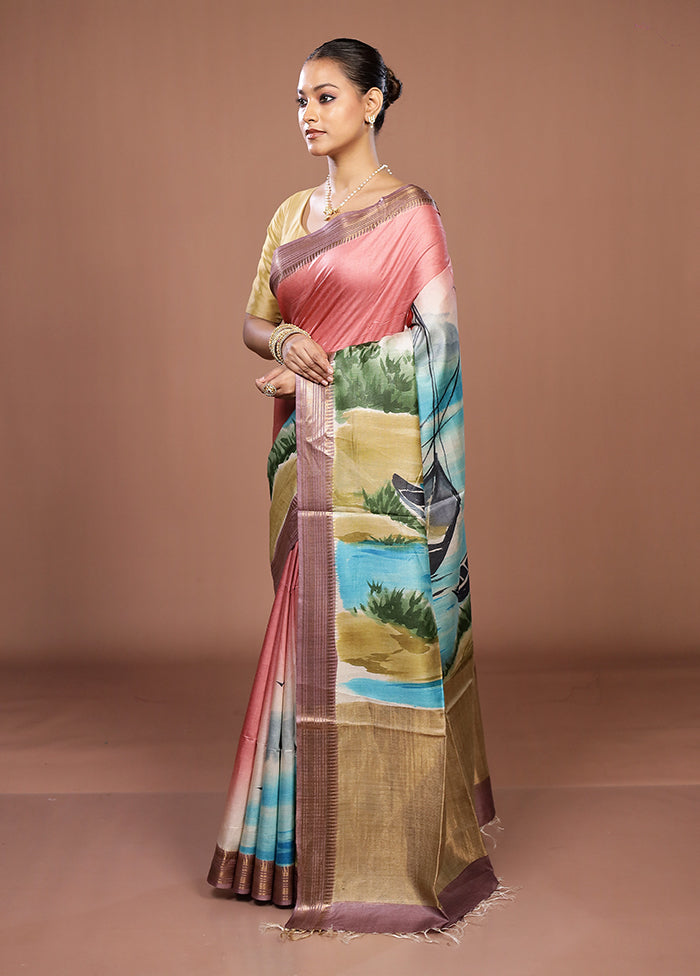 Green Handloom Tussar Pure Silk Saree With Blouse Piece