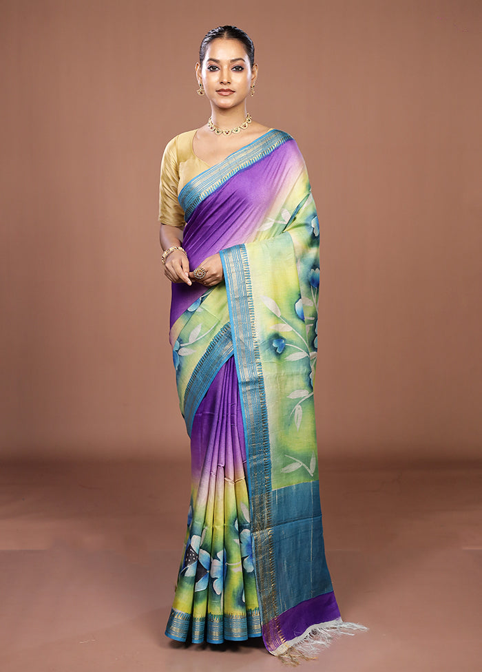 Cream Handloom Tussar Pure Silk Saree With Blouse Piece