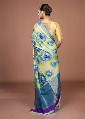 Cream Handloom Tussar Pure Silk Saree With Blouse Piece