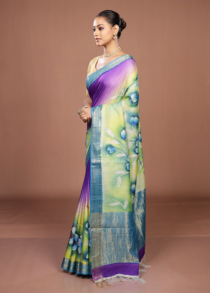 Cream Handloom Tussar Pure Silk Saree With Blouse Piece