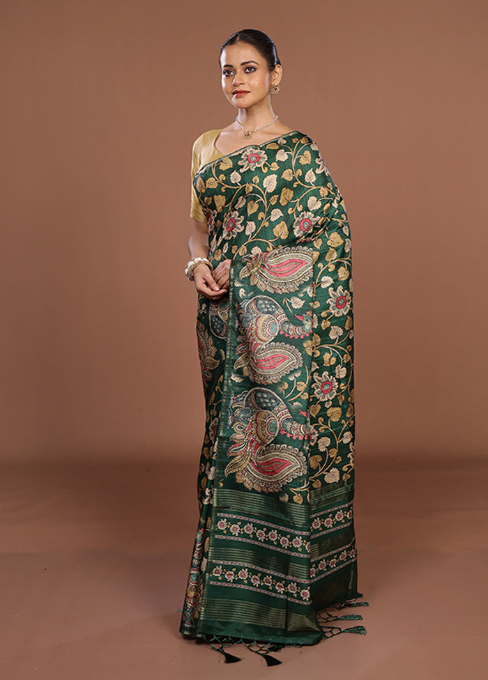 Green Dupion Silk Saree With Blouse Piece