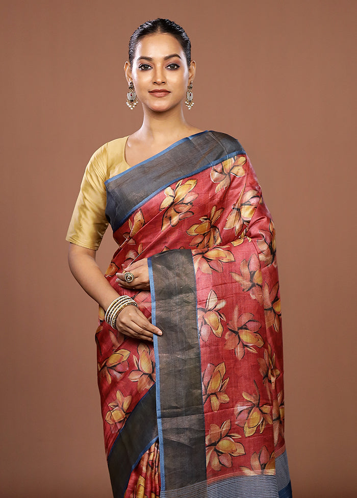 Pink Tussar Silk Saree With Blouse Piece