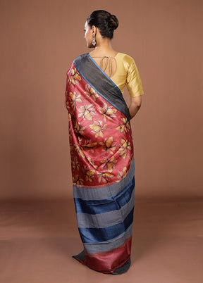 Pink Tussar Silk Saree With Blouse Piece