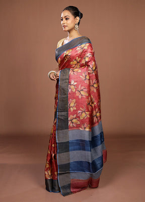 Pink Tussar Silk Saree With Blouse Piece