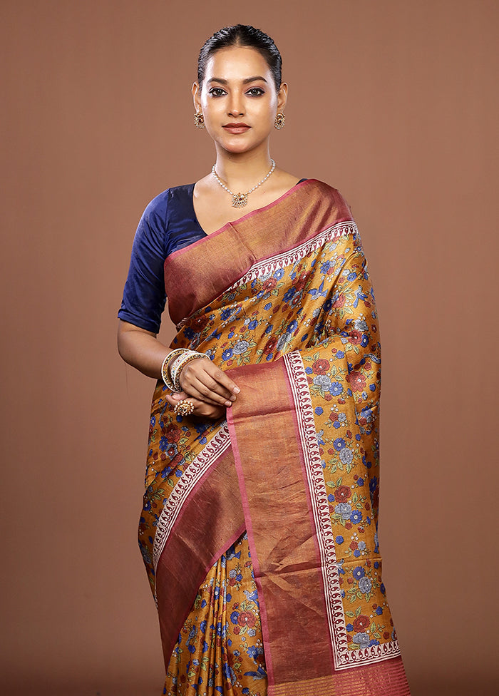 Yellow Tussar Silk Saree With Blouse Piece