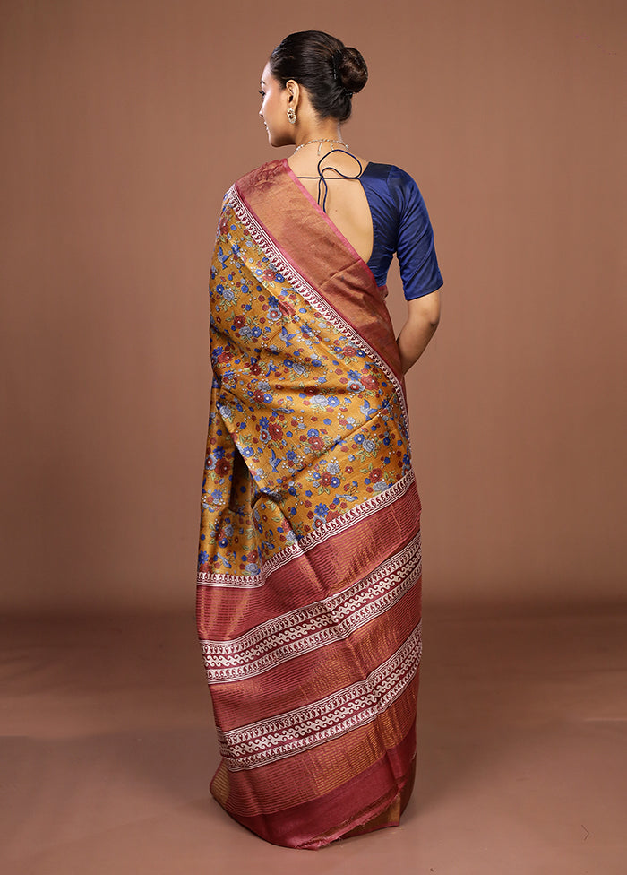 Yellow Tussar Silk Saree With Blouse Piece