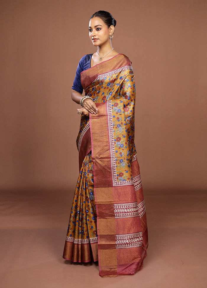 Yellow Tussar Silk Saree With Blouse Piece