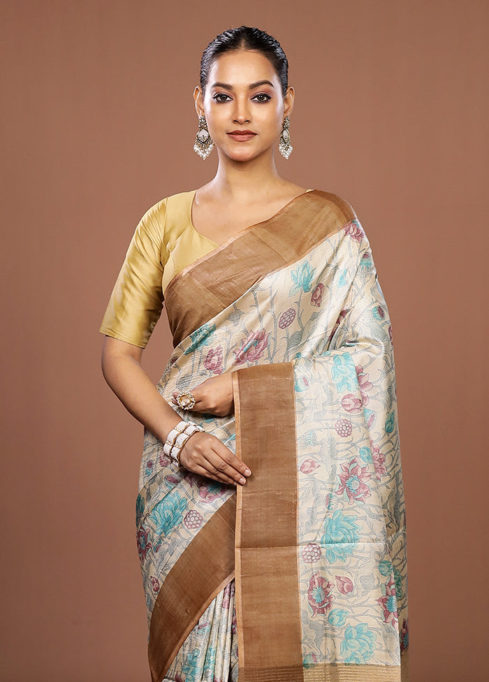 Cream Tussar Silk Saree With Blouse Piece