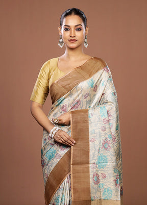 Cream Tussar Silk Saree With Blouse Piece