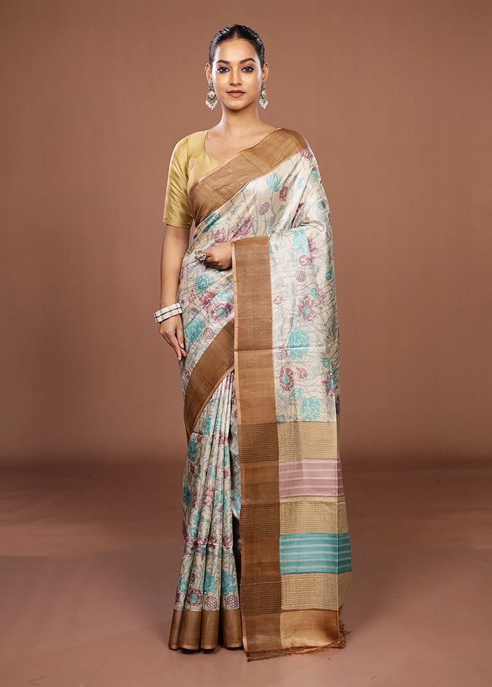 Cream Tussar Silk Saree With Blouse Piece