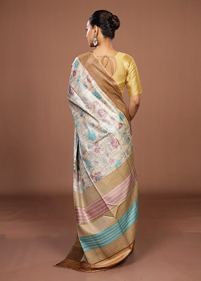Cream Tussar Silk Saree With Blouse Piece