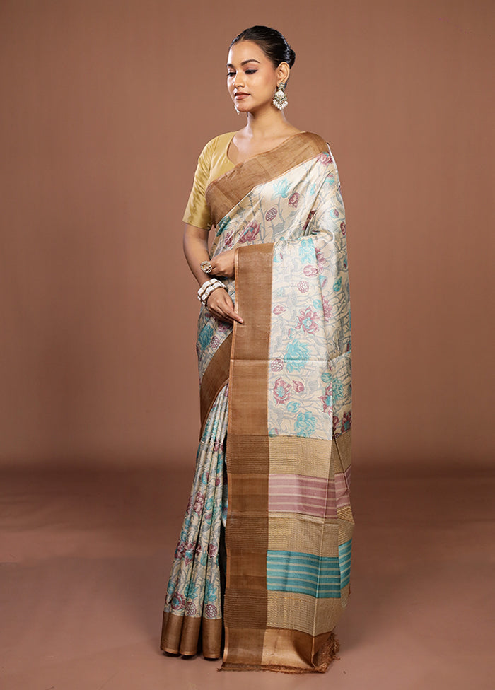 Cream Tussar Silk Saree With Blouse Piece
