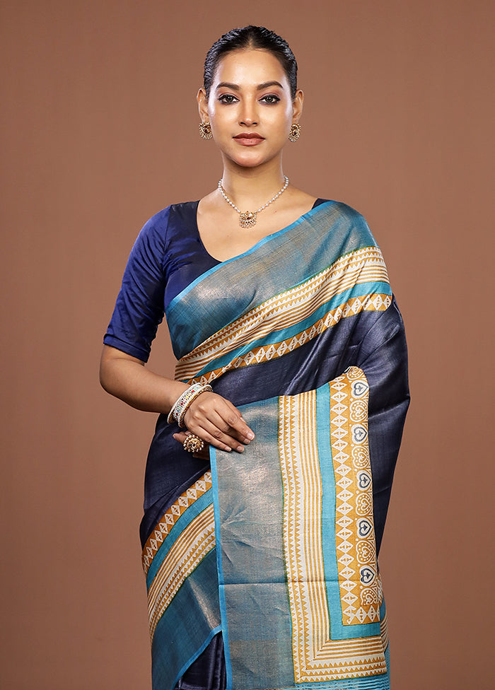 Blue Tussar Silk Saree With Blouse Piece