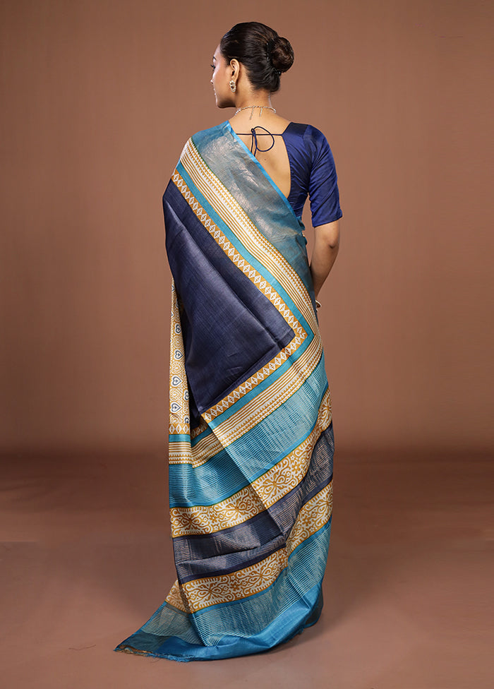 Blue Tussar Silk Saree With Blouse Piece