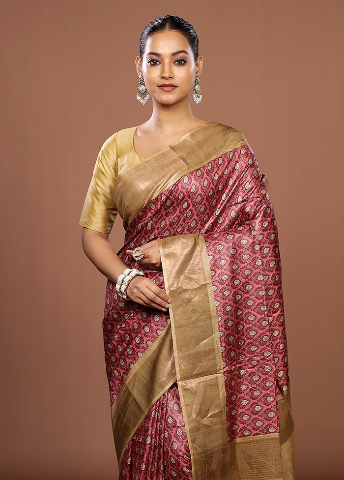 Pink Tussar Silk Saree With Blouse Piece