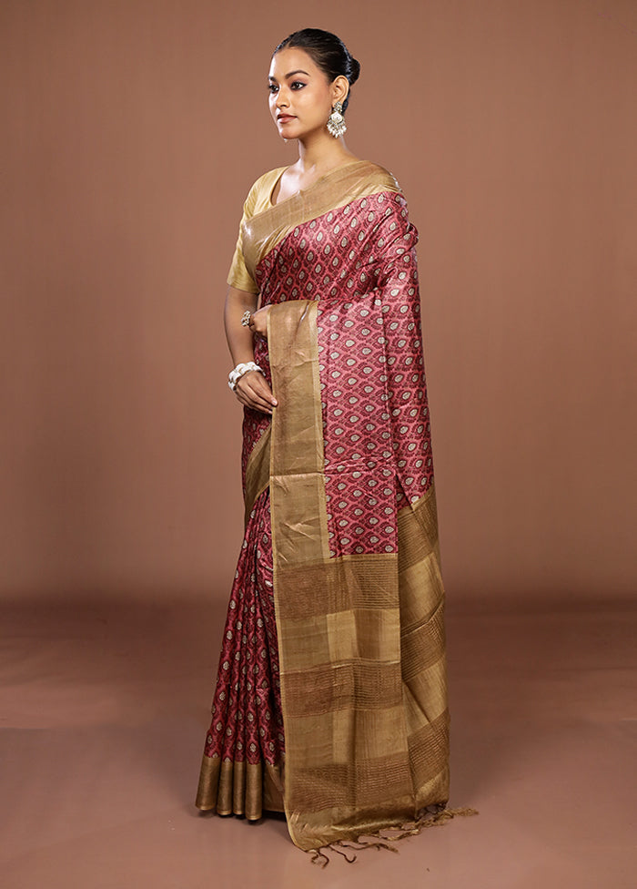 Pink Tussar Silk Saree With Blouse Piece
