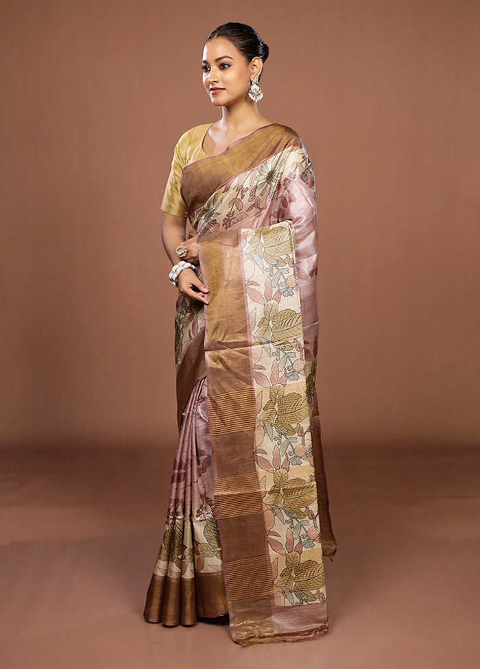Pink Tussar Silk Saree With Blouse Piece