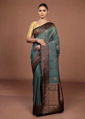 Green Handloom Tussar Pure Silk Saree With Blouse Piece