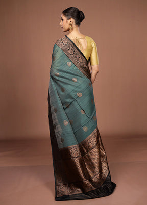 Green Handloom Tussar Pure Silk Saree With Blouse Piece