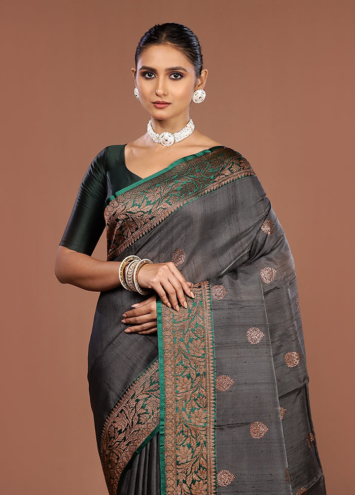 Black Handloom Tussar Pure Silk Saree With Blouse Piece