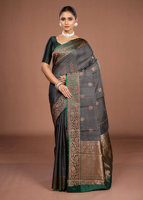 Black Handloom Tussar Pure Silk Saree With Blouse Piece