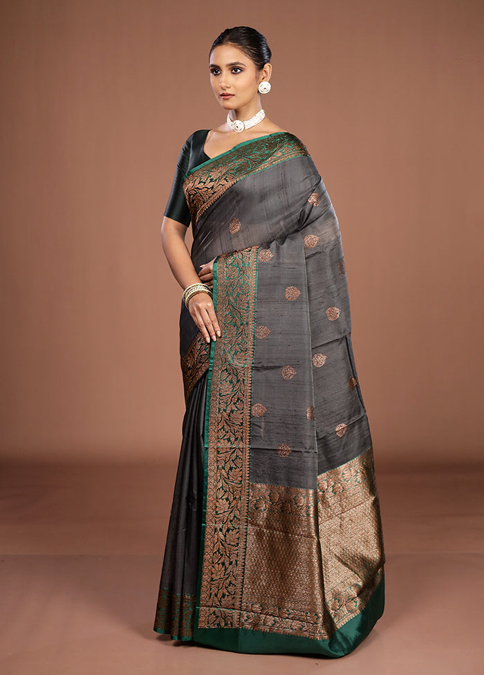Black Handloom Tussar Pure Silk Saree With Blouse Piece