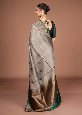 Grey Handloom Tussar Pure Silk Saree With Blouse Piece
