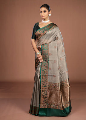 Grey Handloom Tussar Pure Silk Saree With Blouse Piece