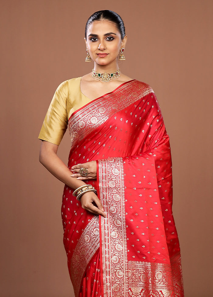 Red Banarasi Silk Saree With Blouse Piece