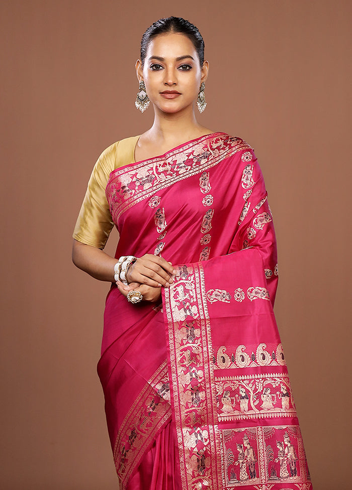 Pink Handloom Baluchari Pure Silk Saree With Blouse Piece