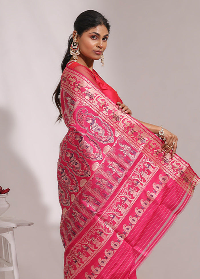 Pink Handloom Baluchari Pure Silk Saree With Blouse Piece