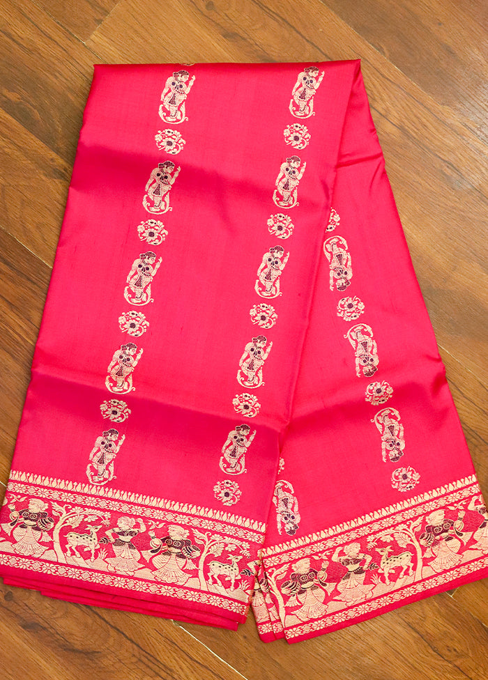 Pink Handloom Baluchari Pure Silk Saree With Blouse Piece