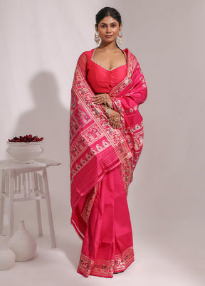 Pink Handloom Baluchari Pure Silk Saree With Blouse Piece
