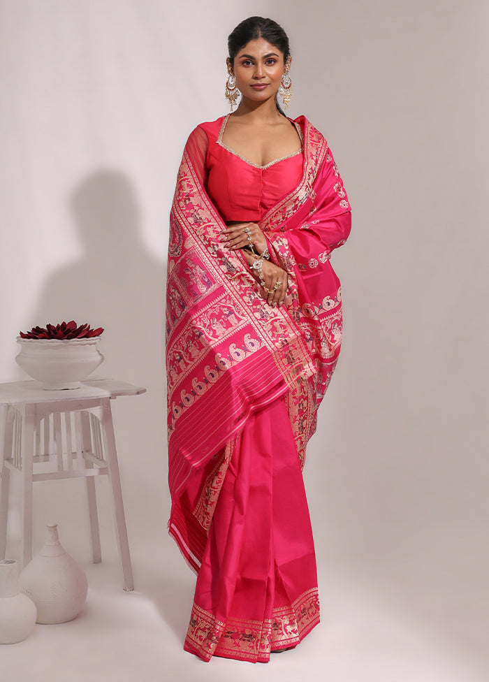 Pink Handloom Baluchari Pure Silk Saree With Blouse Piece