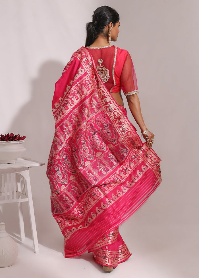 Pink Handloom Baluchari Pure Silk Saree With Blouse Piece