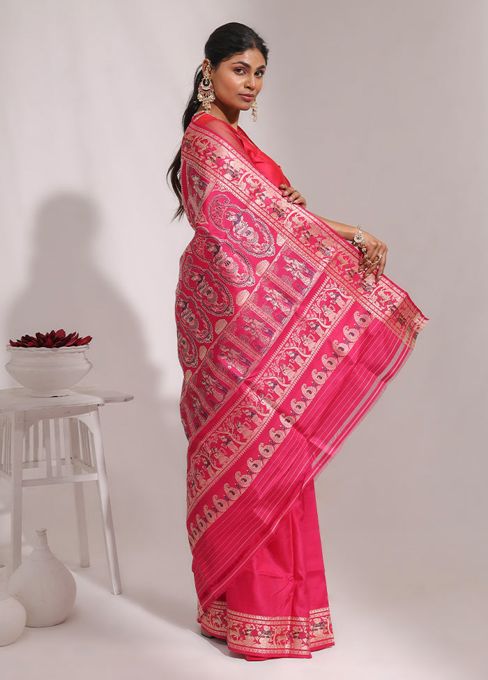 Pink Handloom Baluchari Pure Silk Saree With Blouse Piece