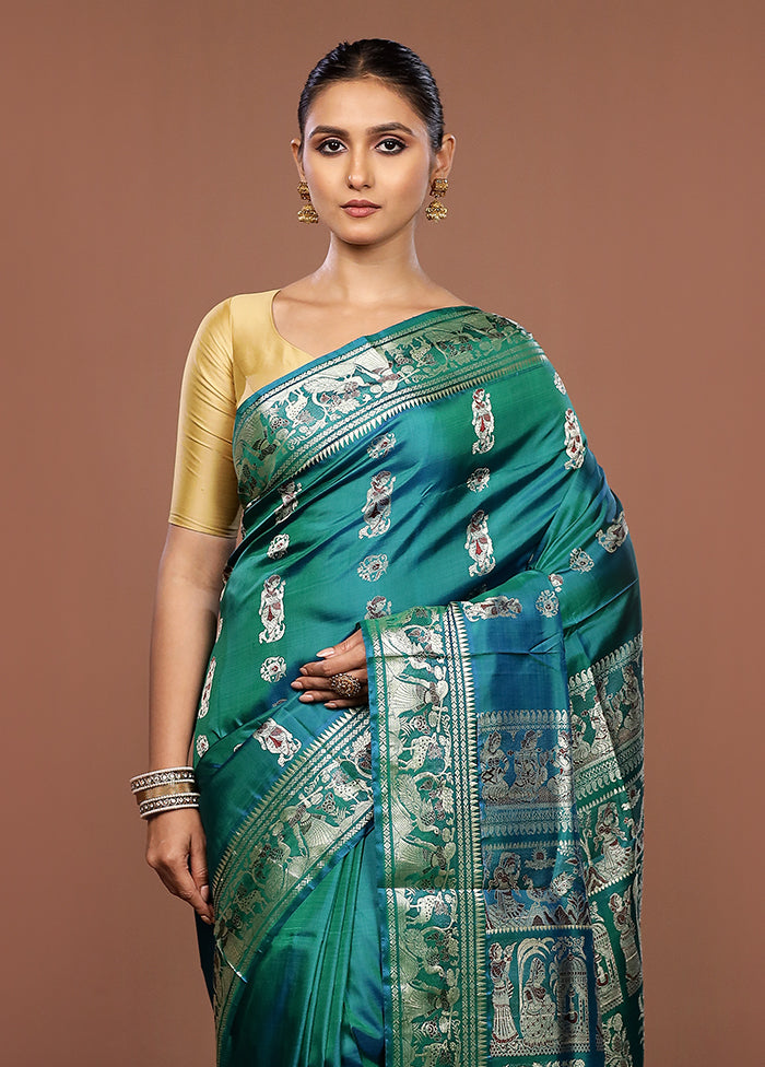 Green Handloom Baluchari Pure Silk Saree With Blouse Piece
