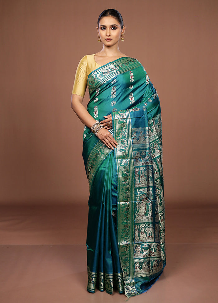 Green Handloom Baluchari Pure Silk Saree With Blouse Piece