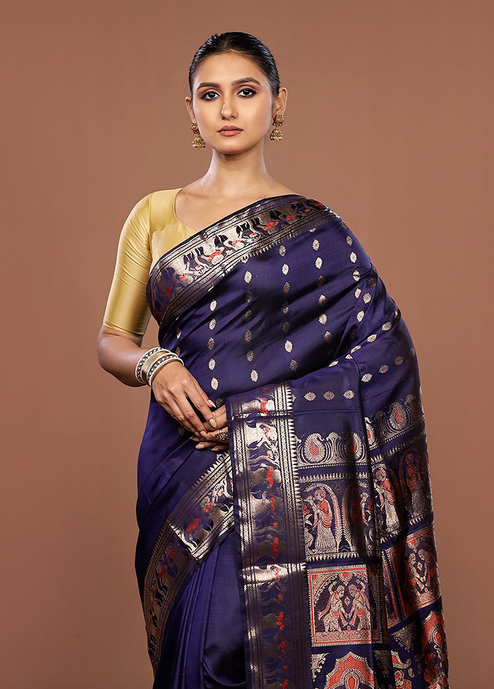 Blue Handloom Baluchari Pure Silk Saree With Blouse Piece