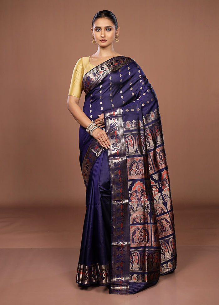 Blue Handloom Baluchari Pure Silk Saree With Blouse Piece