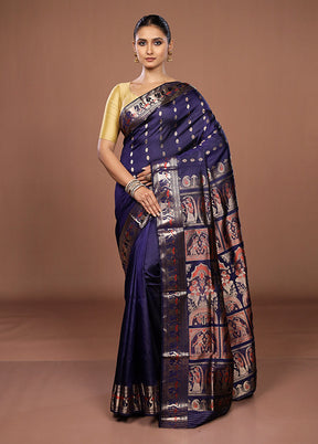 Blue Handloom Baluchari Pure Silk Saree With Blouse Piece