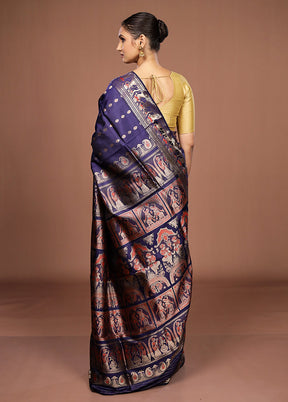 Blue Handloom Baluchari Pure Silk Saree With Blouse Piece