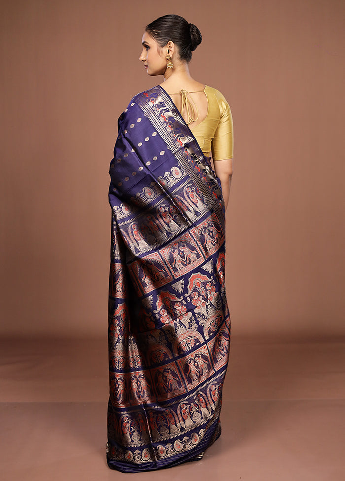 Blue Handloom Baluchari Pure Silk Saree With Blouse Piece
