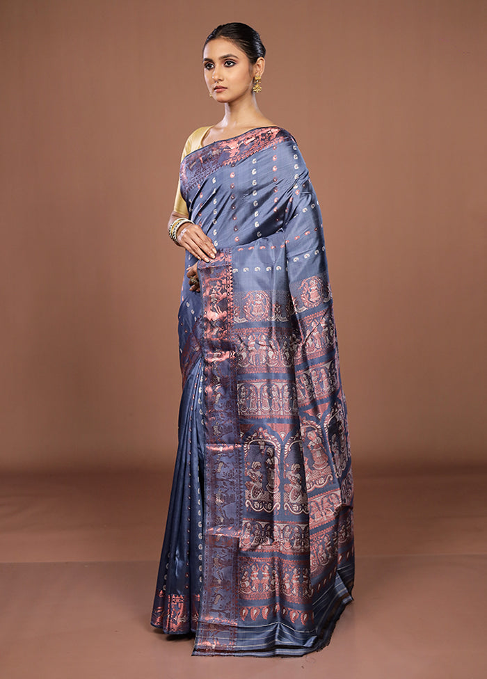 Grey Handloom Baluchari Pure Silk Saree With Blouse Piece