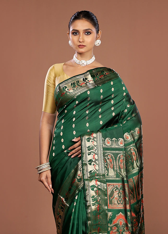 Green Handloom Baluchari Pure Silk Saree With Blouse Piece