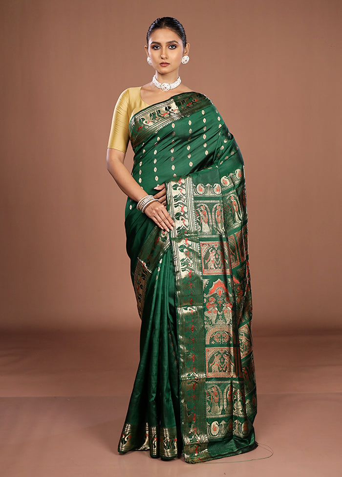 Green Handloom Baluchari Pure Silk Saree With Blouse Piece