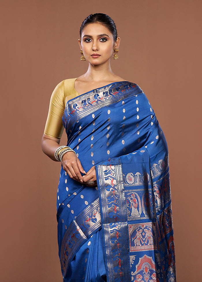 Blue Handloom Baluchari Pure Silk Saree With Blouse Piece