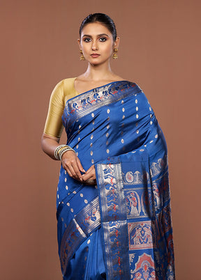 Blue Handloom Baluchari Pure Silk Saree With Blouse Piece
