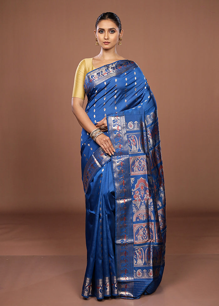 Blue Handloom Baluchari Pure Silk Saree With Blouse Piece